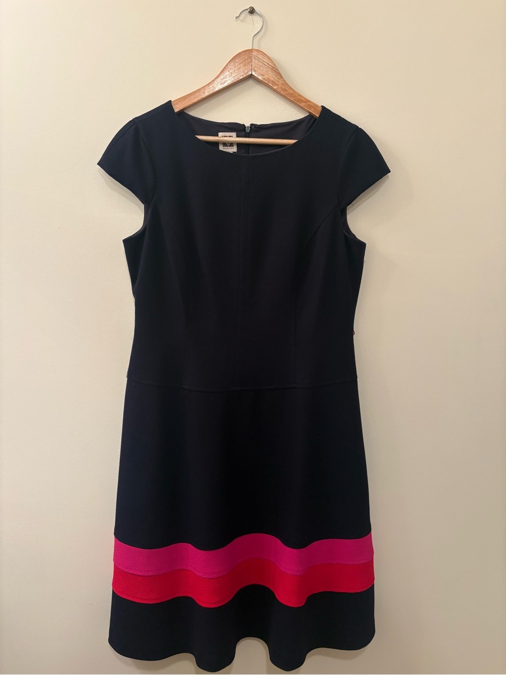 Anne Klein Navy Fit-and-Flare Midi Dress with Pink & Red Stripes Size 12 - Picture 3 of 8